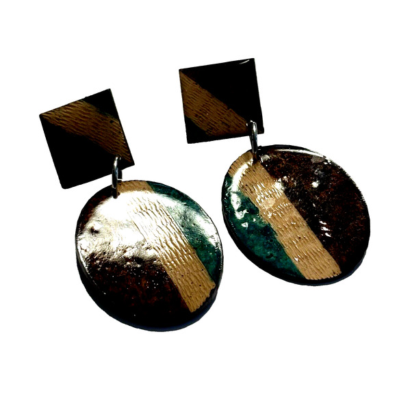 Vintage Wood Pierced Earrings Drop & Dangle Wooden Lacquer Brown Yellow Green - Picture 8 of 8